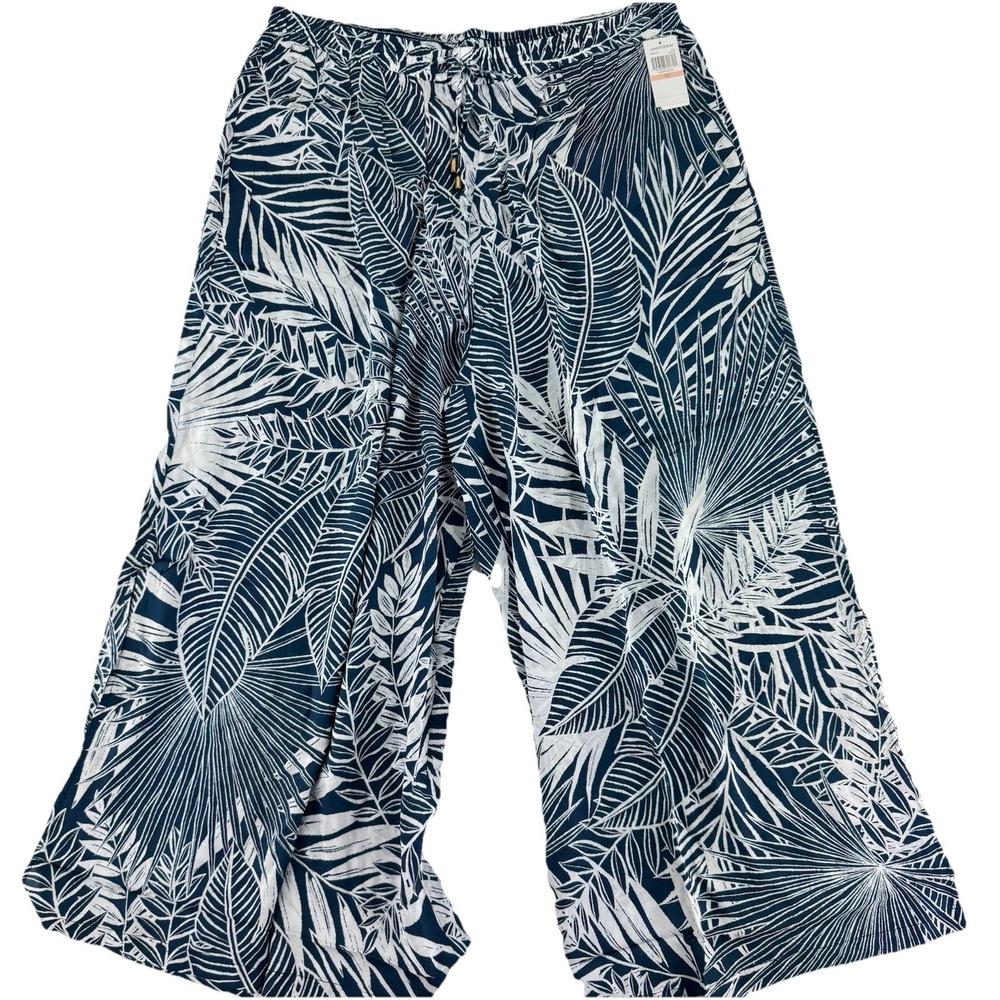 Jantzen Wide Leg Printed Pull On Woven Cover Up Pants 2X Marine Leaf Print